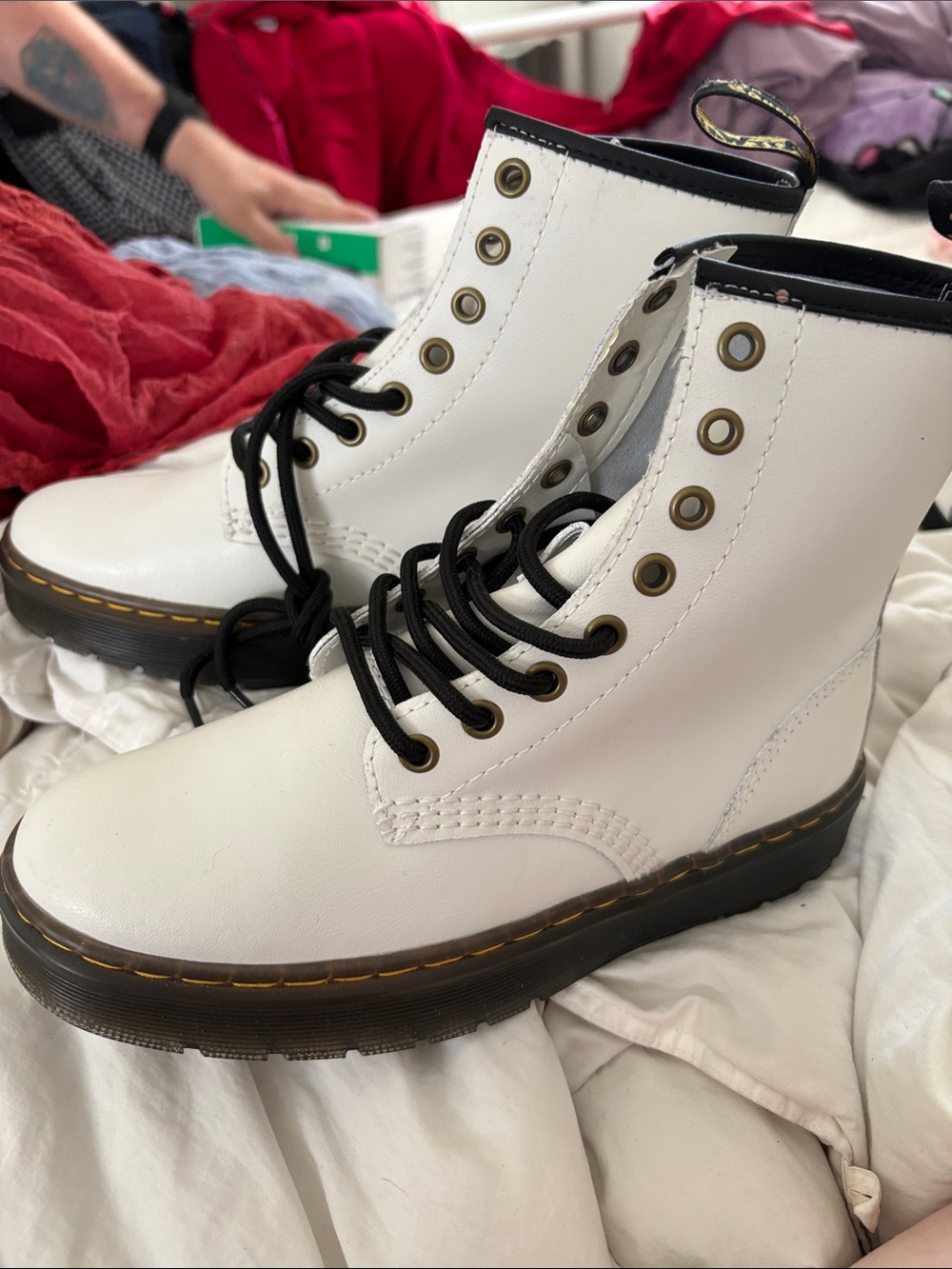 Dr. Martens White Leather Lace-Up Combat Boots with Black Trim